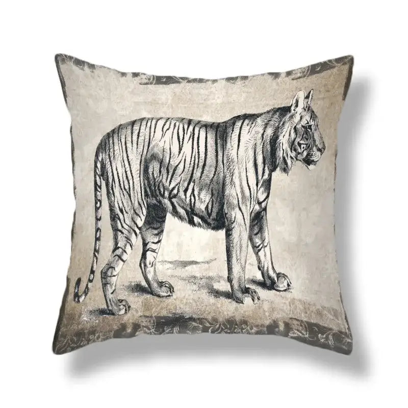 Beige throw pillow with detailed black and white brave tiger pattern print for living room decor cushion cover