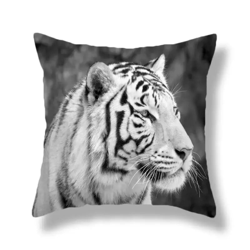 Black and white throw pillow featuring a detailed brave tiger tiger pattern print for living room decor