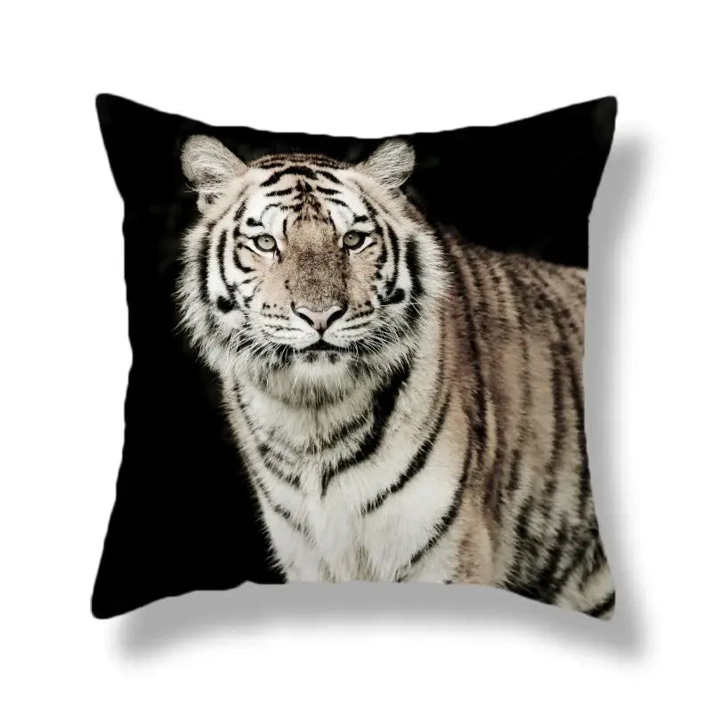 Black throw pillow with brave tiger pattern print featuring a detailed white tiger for living room decor