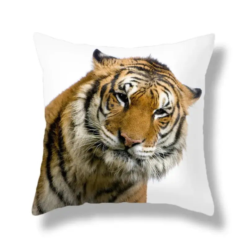 White throw pillow with a brave tiger pattern print featuring a realistic orange and black tiger for living room decor