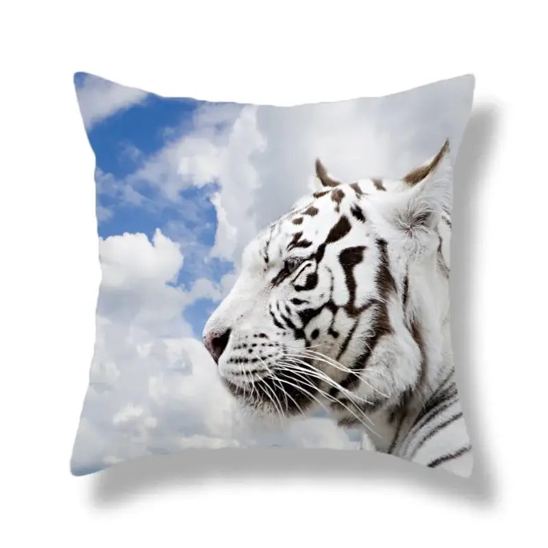 Square throw pillow with brave tiger pattern print of white tiger on blue sky background for living room decor