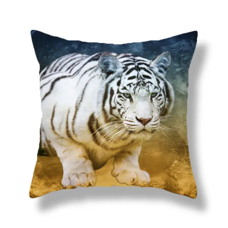 Square throw pillow with brave tiger pattern print featuring a white tiger on a blue to golden yellow gradient background