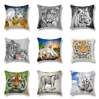 Nine pack throw pillows featuring brave tiger pattern print designs in various colors for living room decor