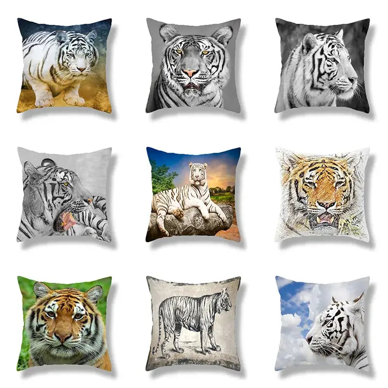 Nine pack throw pillows featuring brave tiger pattern print designs in various colors for living room decor