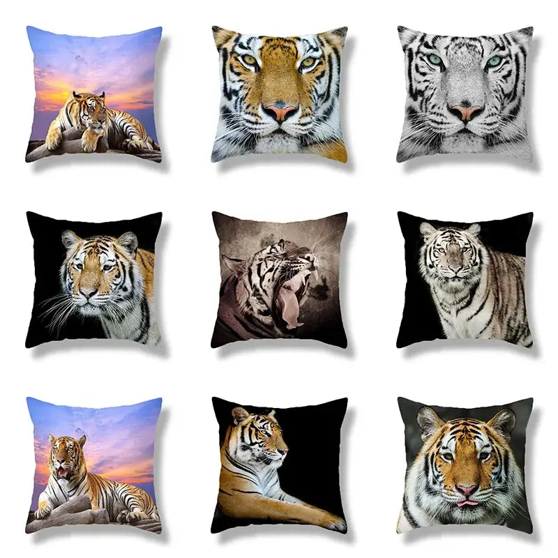 Nine square throw pillows featuring brave tiger pattern print cushion covers with vibrant tiger pattern designs
