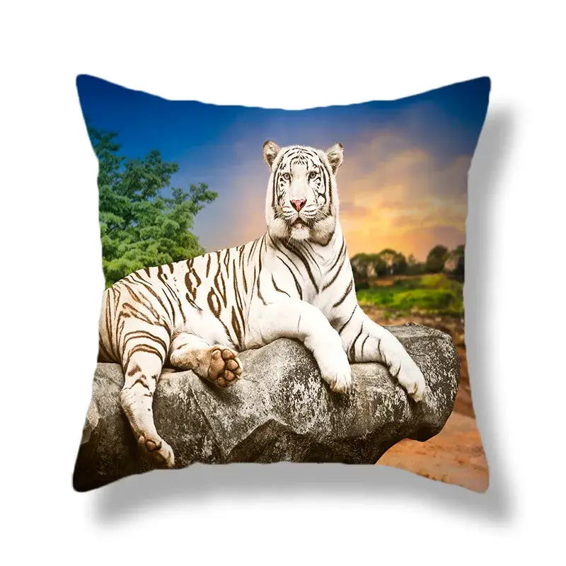 Brave tiger pattern print cushion cover featuring white tiger resting on rock against sunset for living room decor