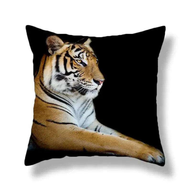 Black throw pillow featuring a brave tiger pattern print with a detailed orange and black tiger for living room decor