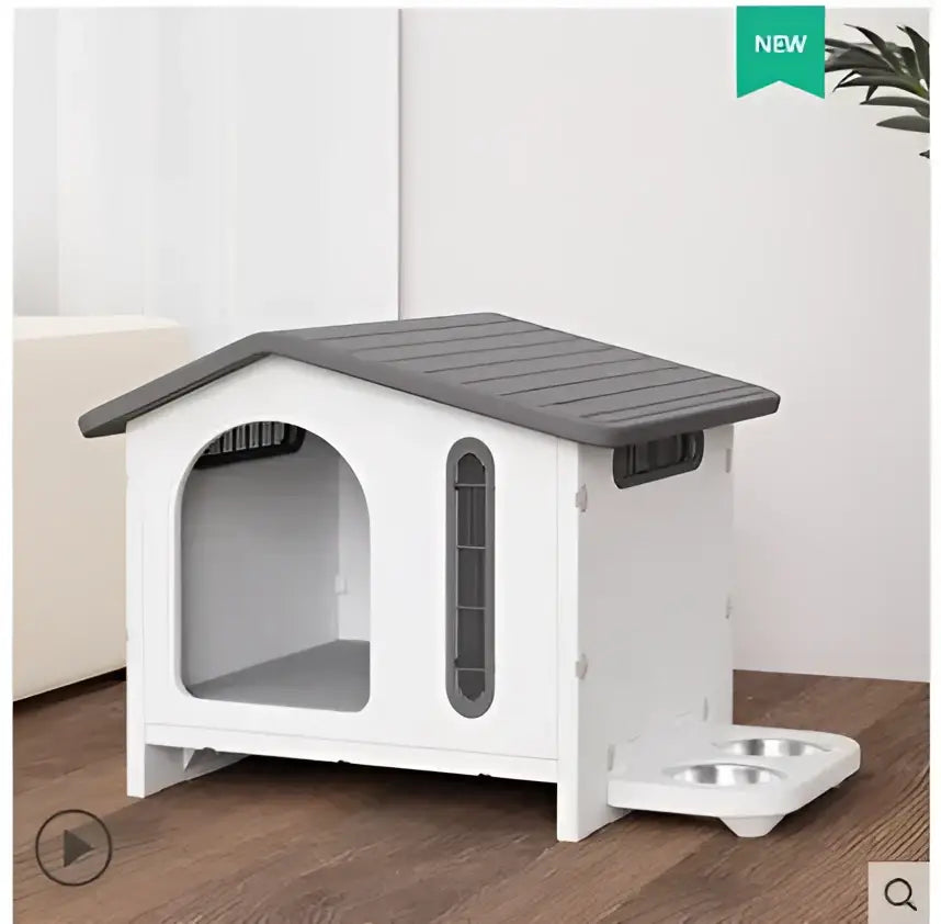 White and gray plastic breathable four seasons dog house with slanted roof side vents and attached feeding tray for living room