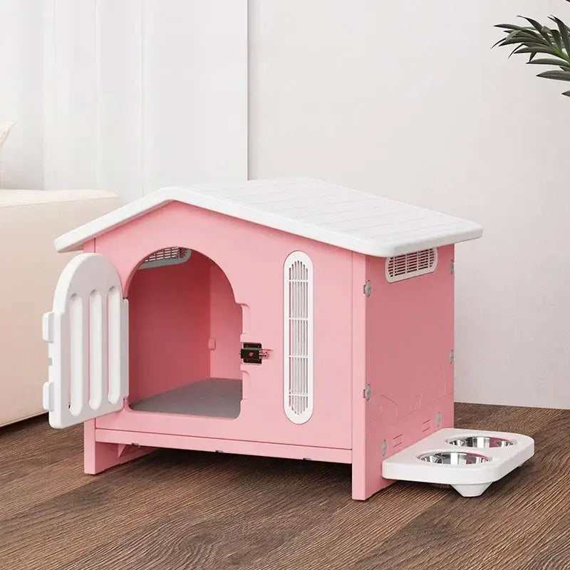 Breathable four seasons dog house in pink plastic with white roof, ventilation slats, and gray mat inside for living room use