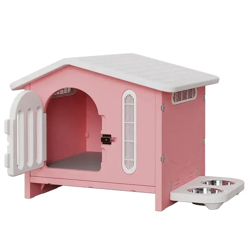 Pink plastic breathable four seasons dog house with white roof gate ventilation slats and feeding tray for living room use