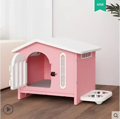 Pink plastic dog house with white roof and door and gray cushioned interior breathable four seasons dog house for living room