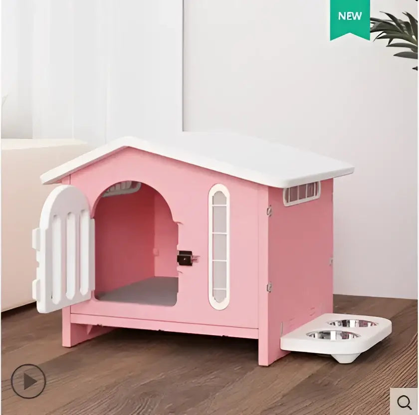 Pink plastic dog house with white roof and door and gray cushioned interior breathable four seasons dog house for living room