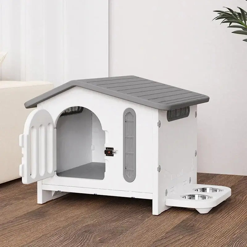 White and gray plastic breathable four seasons dog house with slanted roof side vent and attached feeding tray