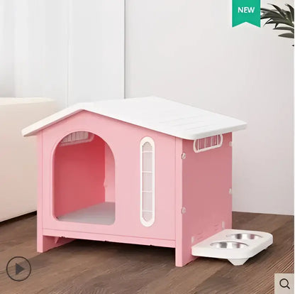 Pink breathable four seasons dog house with white roof side window and attached white feeding tray for living room use