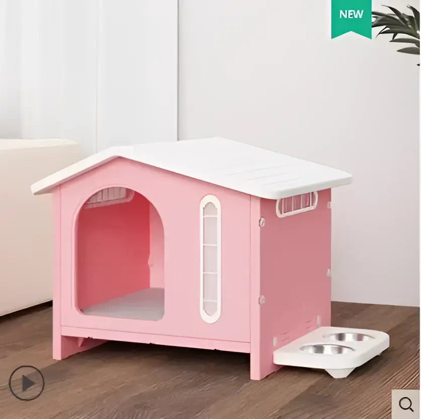 Pink breathable four seasons dog house with white roof side window and attached white feeding tray for living room use
