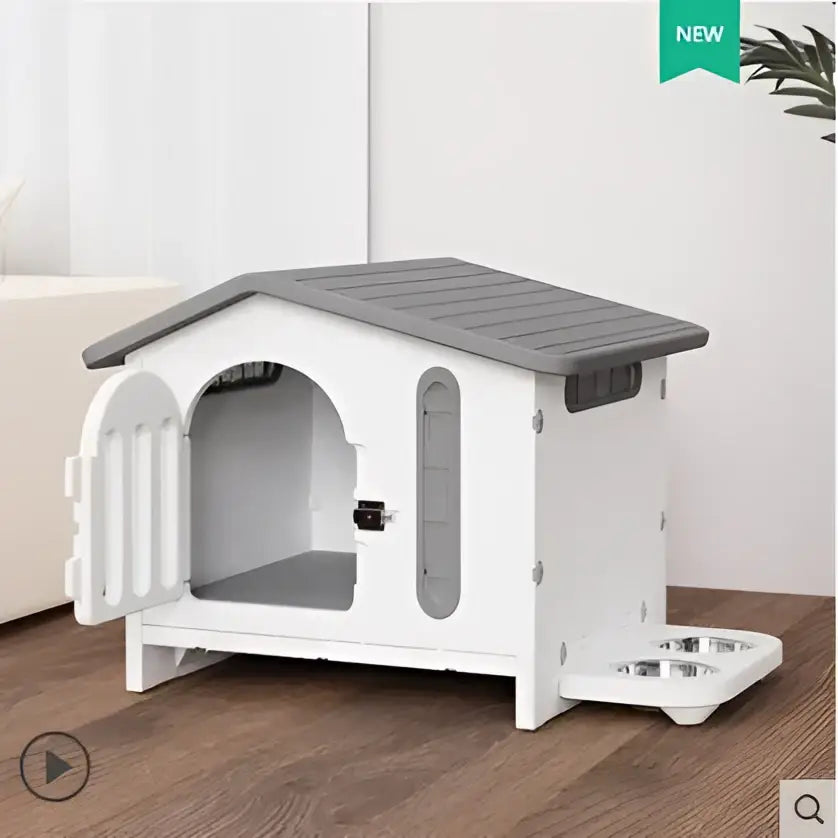 White plastic breathable four seasons dog house with gray roof, ventilation slits, small door, and attached feeding tray