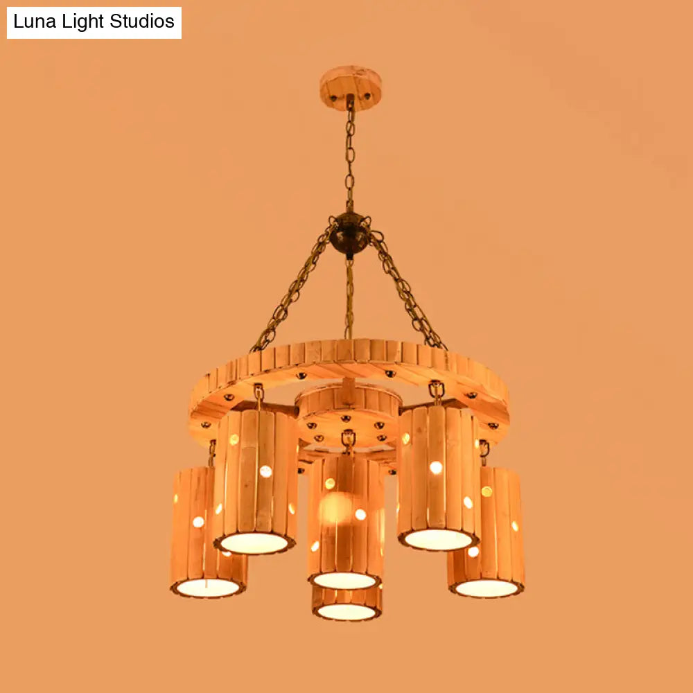 Brielle - Beige Beige Etched Cylinder Hanging Chandelier Farmhouse Bamboo 6 Lights Restaurant Suspension Light with Wheel Design