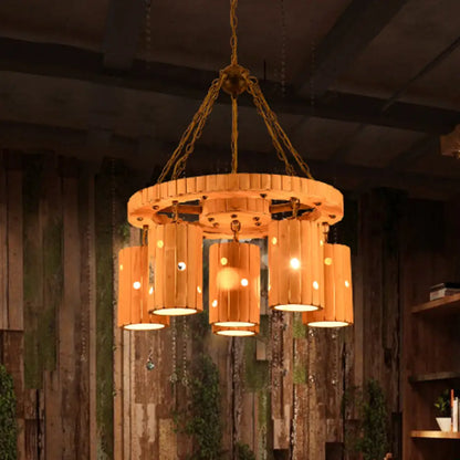 Brielle - Beige Beige Etched Cylinder Hanging Chandelier Farmhouse Bamboo 6 Lights Restaurant Suspension Light with Wheel Design