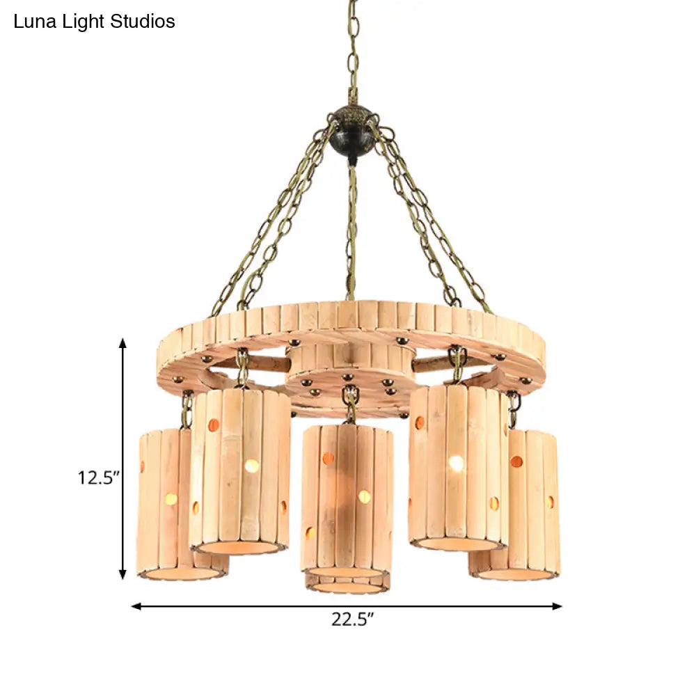 Brielle - Beige Beige Etched Cylinder Hanging Chandelier Farmhouse Bamboo 6 Lights Restaurant Suspension Light with Wheel Design