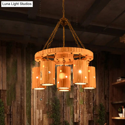 Brielle - Beige Beige Etched Cylinder Hanging Chandelier Farmhouse Bamboo 6 Lights Restaurant Suspension Light with Wheel Design