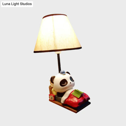 Brielle - Panda Sleeping Panda Bear Resin Table Light Cartoon 1 Head Black-White Nightstand Lamp with Cone Fabric Lamp Shade