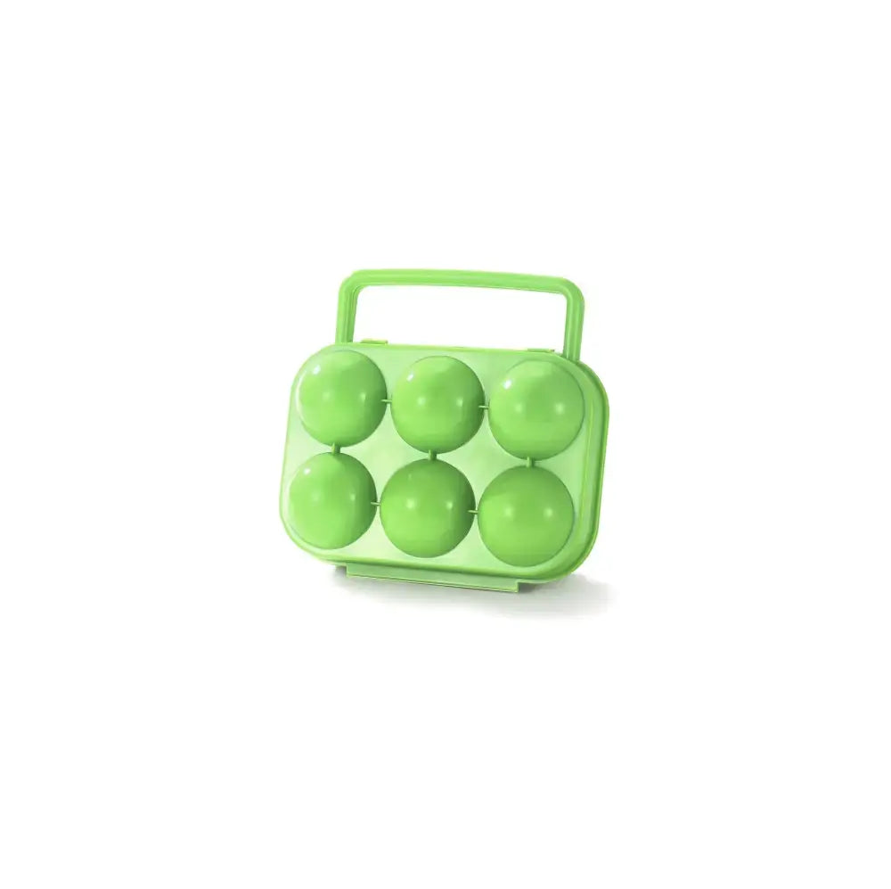 Bright green plastic egg holder storage box with six compartments and top handle for convenient egg holder storage