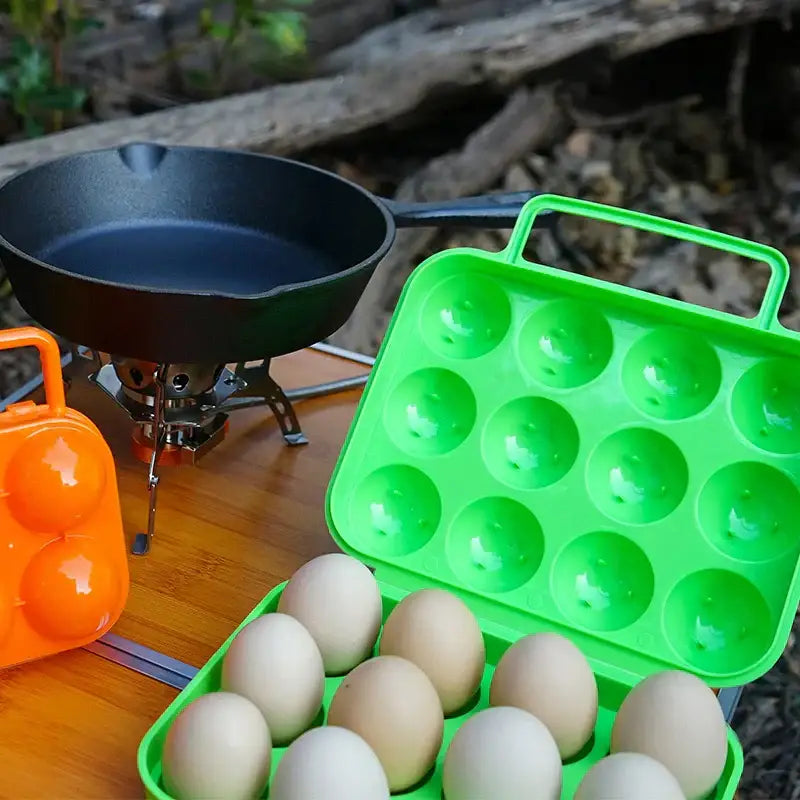 Bright green plastic egg holder storage box with handle designed for outdoor cooking and kitchen storage