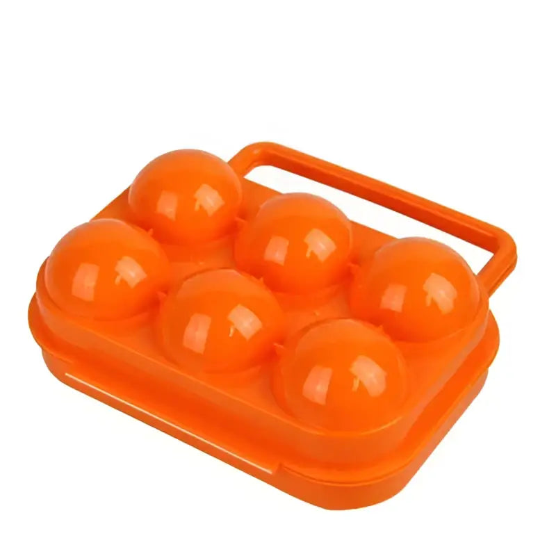Bright orange plastic egg holder storage box with six compartments and handle for kitchen egg storage