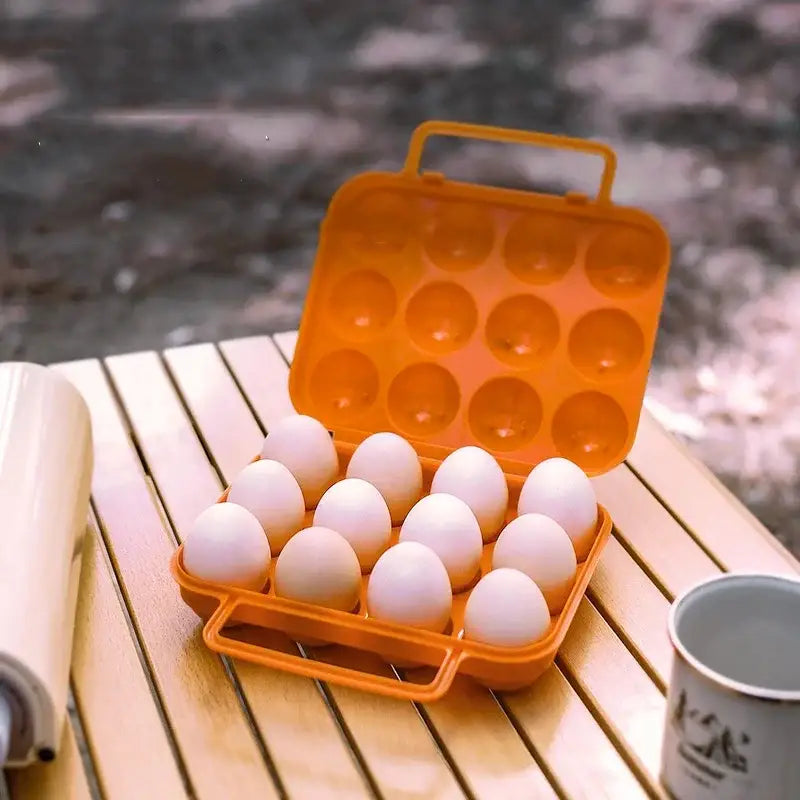 Bright green plastic egg holder storage box with handle and bright orange egg carton holding white eggs