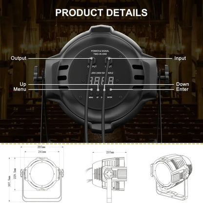Black matte-finish professional wall washing strobe light with digital display and labeled control inputs for stage show