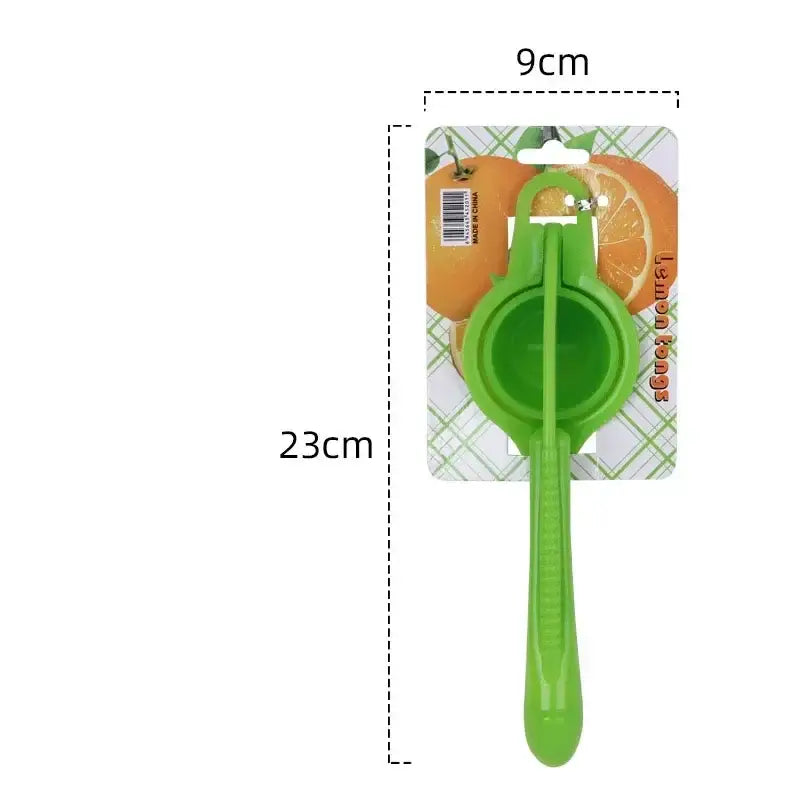 Bright green plastic decorbites citrus press juicer with handle and circular chamber for manual fruit squeezing