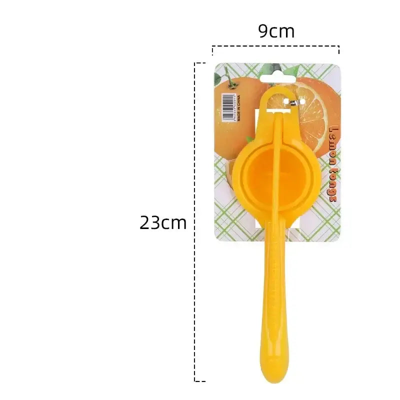 Bright yellow plastic decorbites citrus press juicer with handle and circular pressing chamber for kitchen fruit squeezing