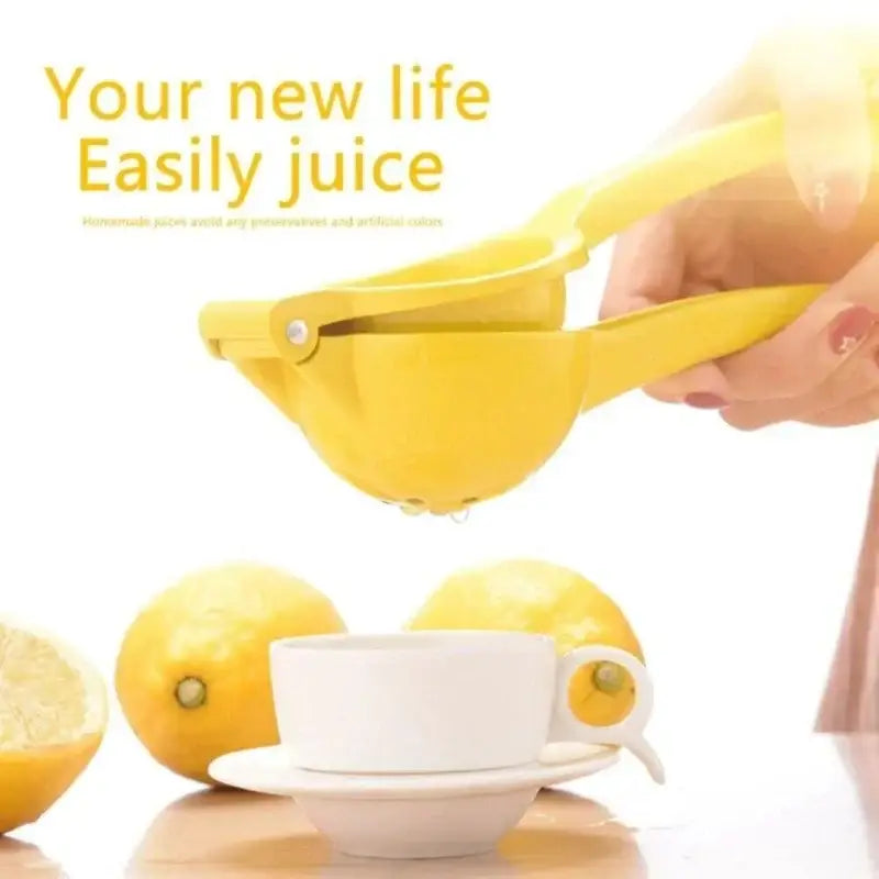 Bright yellow manual plastic decorbites citrus press juicer used for extracting lemon juice in the kitchen