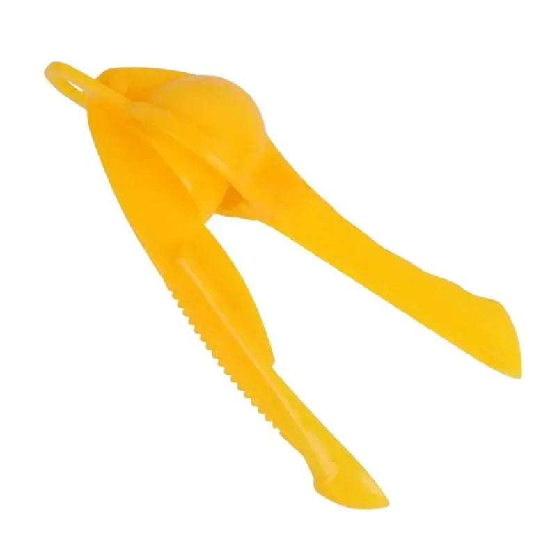 Bright yellow decorbites citrus press juicer with serrated edges and looped handle for manual fruit squeezing
