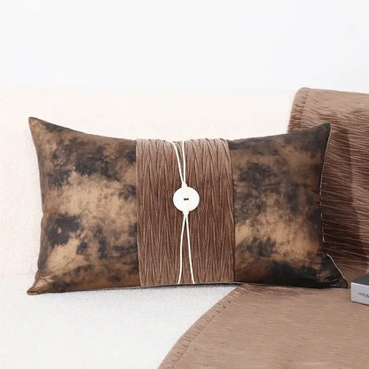 Brown tie-dye velvet Brighton cross stitch cushion cover with central pleated band and white button closure for living room
