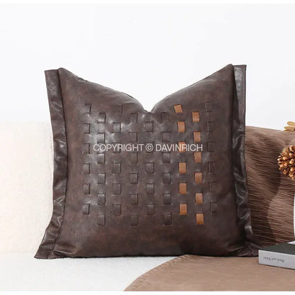 Brown leather throw pillow with woven lighter brown accents cushion cover brighton cross stitch design for living room