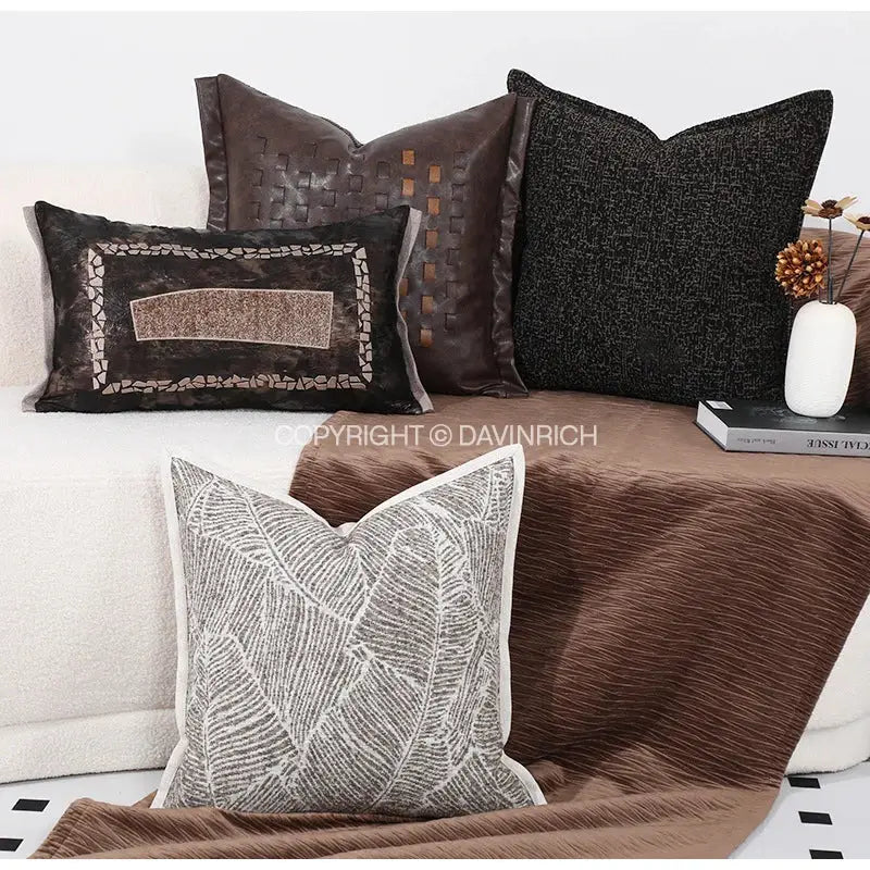 Brown textured brighton cross stitch cushion cover with white leaf pattern and cream piping for living room decor