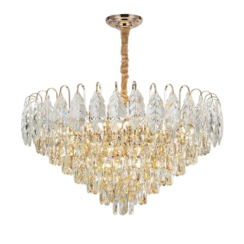 A multi-tiered decorbites brilliance crystal chandelier with rose gold finish and amber leaf-like crystals for living room light