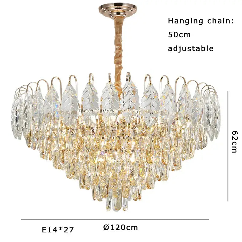 A multi-tiered decorbites brilliance crystal chandelier with a gold-toned frame and cascading clear crystals for living room light