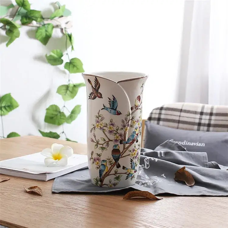 White ceramic bird butterfly porcelain vase with curved rim and colorful hand-painted birds for living room decorbites decor