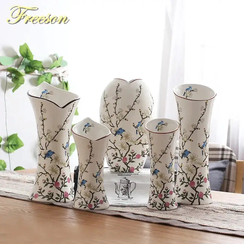 Set of five cream ceramic bird butterfly porcelain vases with blue birds pink blossoms and gold rims for living room decorbites decor