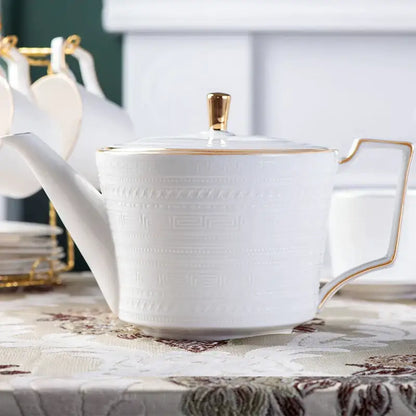 White ceramic teapot with gold trim and embossed geometric patterns from decorbites bone white tea set porcelain teaware