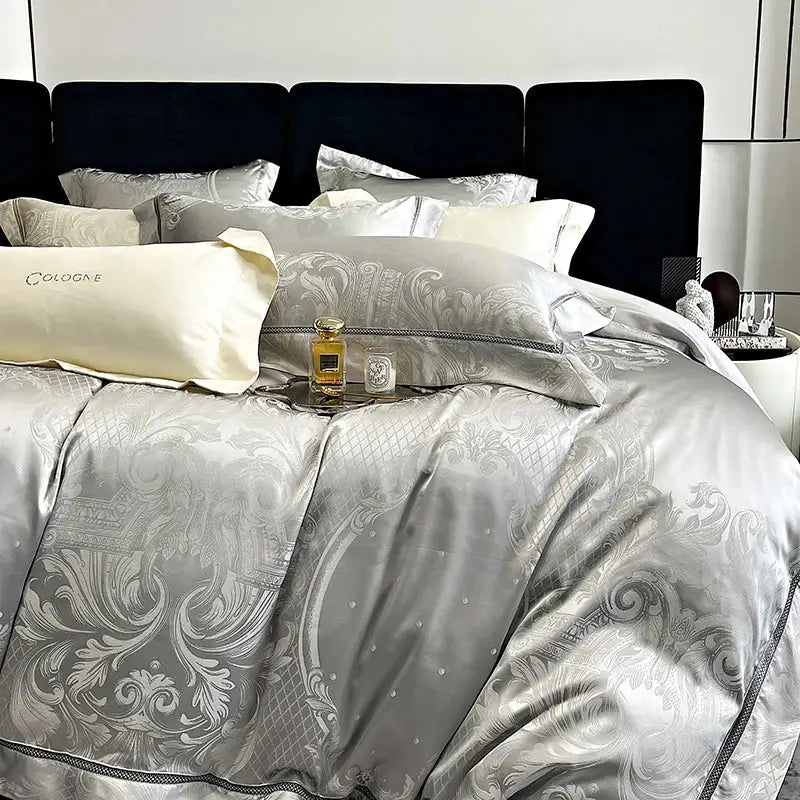 Luxurious silver brocade satin jacquard bedding set with intricate damask embroidery and matching pillowcase embroidered cologne