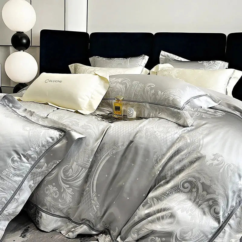 Silver satin duvet cover with intricate damask embroidery and matching pillowcases in decorbites brocade satin jacquard bedding set