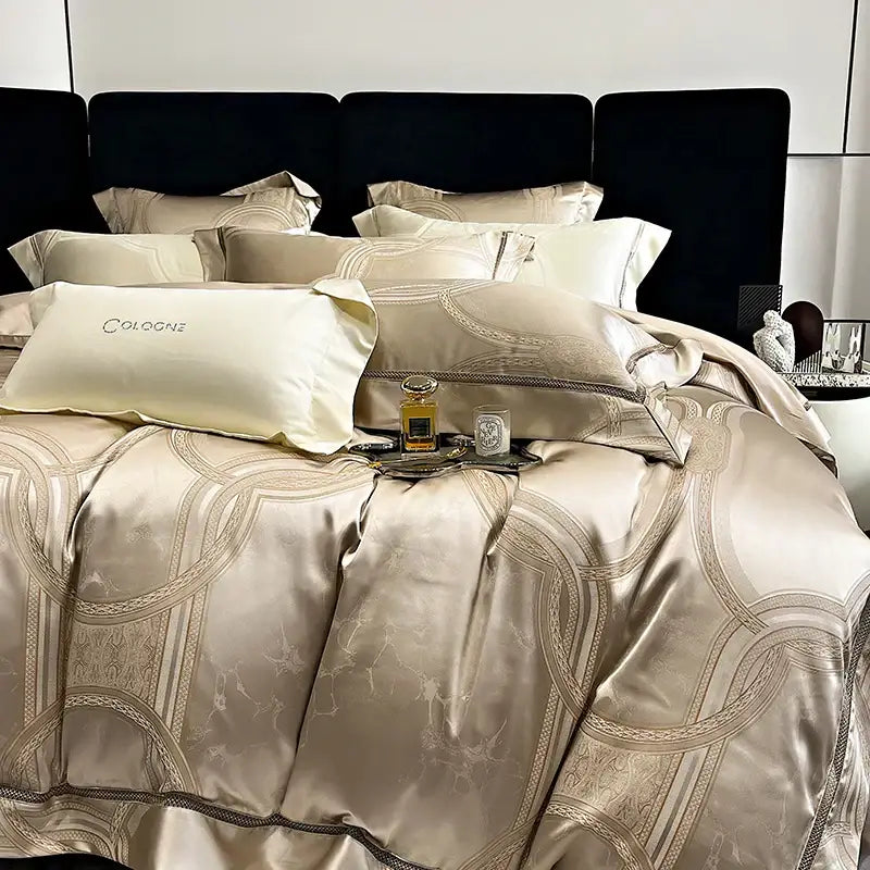 Cream-colored decorbites brocade satin jacquard bedding set with gold geometric patterns and cologne embroidered pillow