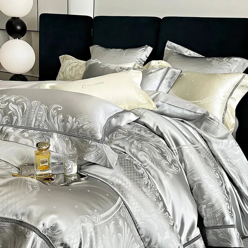 Luxurious silver brocade satin jacquard bedding set with intricate damask embroidery and subtle sheen by decorbites
