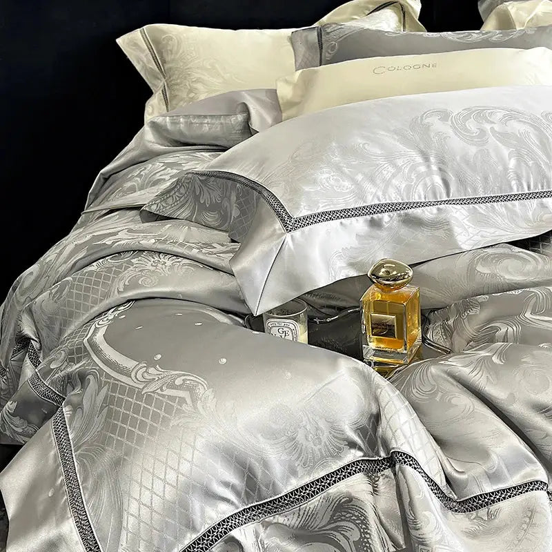 Silver satin bedding set with intricate damask embroidery and black lace trim by decorbites brocade satin jacquard