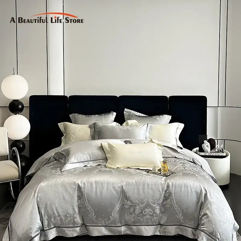 Silver satin bedding set with intricate damask embroidery and black piping decorbites brocade satin jacquard design