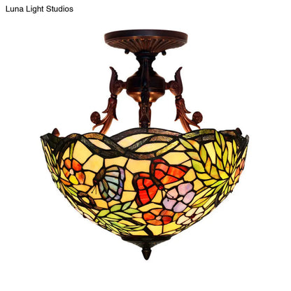 Bronze 3-Light Semi Flush Ceiling Light with Mediterranean Beige/Red/Yellow Glass Shade for Living Room