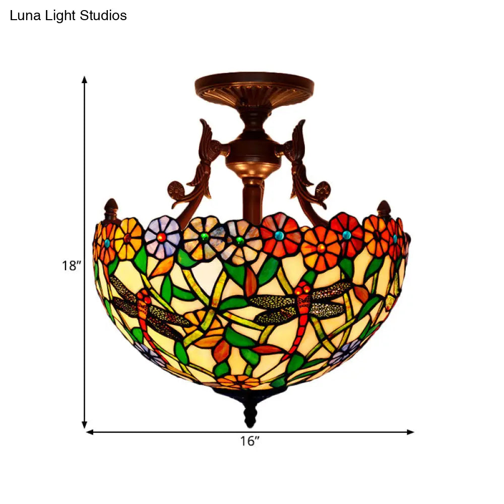 Bronze 3-Light Semi Flush Ceiling Light with Mediterranean Beige/Red/Yellow Glass Shade for Living Room